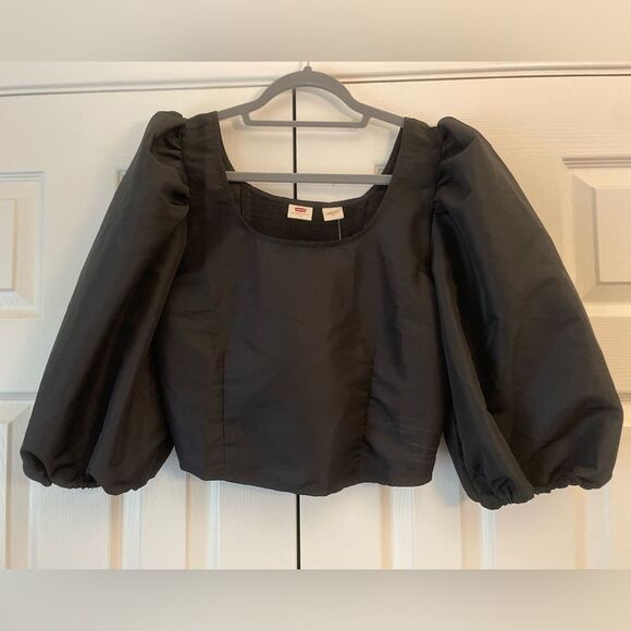 Levi’s Black Kaila Blouse Cropped with Puffy Sleeves Size Large - Picture 1 of 5